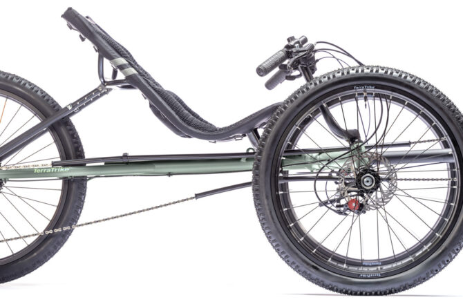 TerraTrike All Terrain recumbent trike with comfortable seat, wider wheels, and hill climbing drivetrain