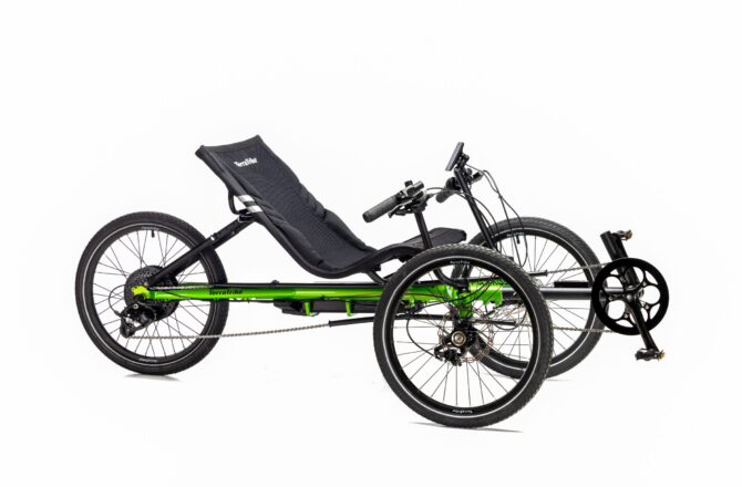 TerraTrike Charge recumbent trike designed for easy mounting, stable handling, and comfortable electric‑assist riding