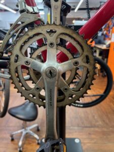 View of vintage Univega Rover Sport bicycle showing the original triple crankset.