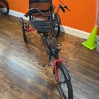 Hase Trigo Up recumbent trike, front view with upright seat and steering column.