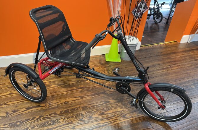 Hase Trigo Up recumbent trike, side view with upright seat and steering column.