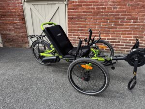 Side view of used Catrike eCAT Villager in Eon Green for sale at Lancaster Recumbent