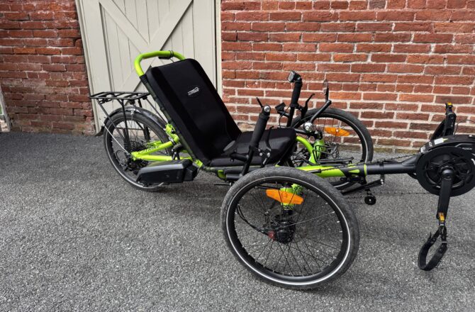Side view of used Catrike eCAT Villager in Eon Green for sale at Lancaster Recumbent
